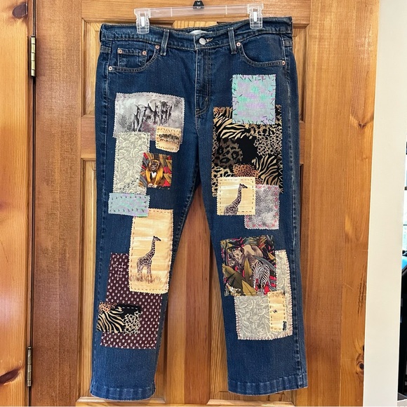 Levi’s 505 strght leg 14 S patchwork, hand, stitched jeans, safari jungle design - Picture 8 of 11
